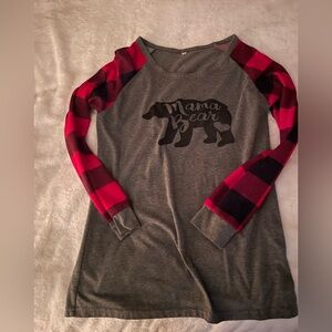 Mama Bear Ladies Long Sleeve Raglan Top - Gray with Red Plaid Sleeves